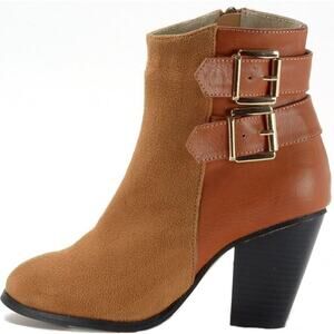 Alpine Swiss Women's Buckle Block Heel Zip Up Boots in Tan Size 6